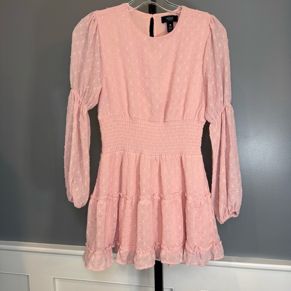 AQUA Girls Pink Swiss Dot Smocked Puff Sleeve‎ Tiered Dress L Cottagecore